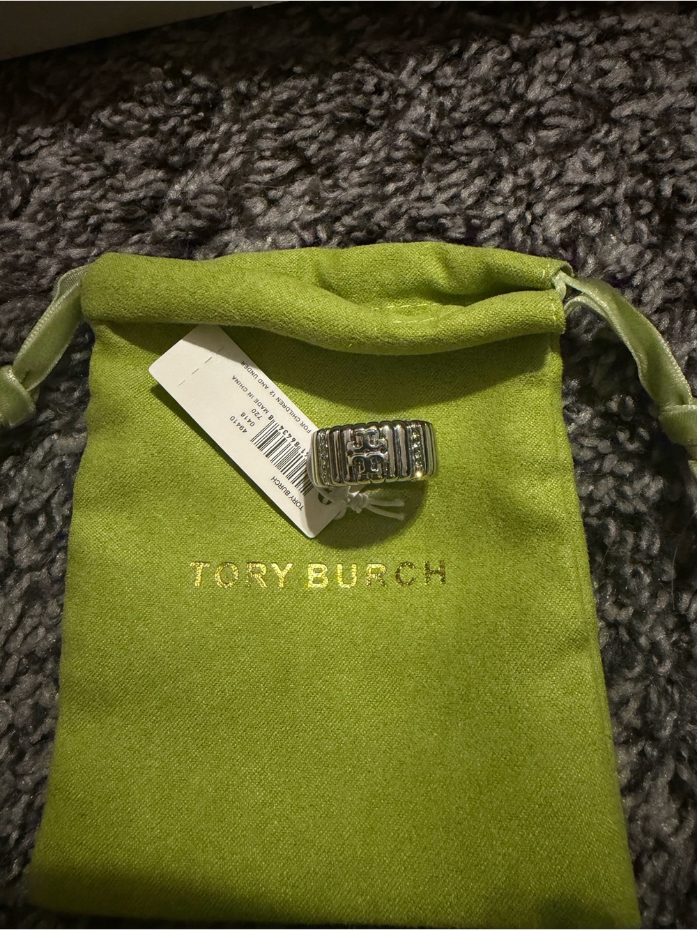 Tory Burch Silver Logo Band Ring with Textured Accents Size 6